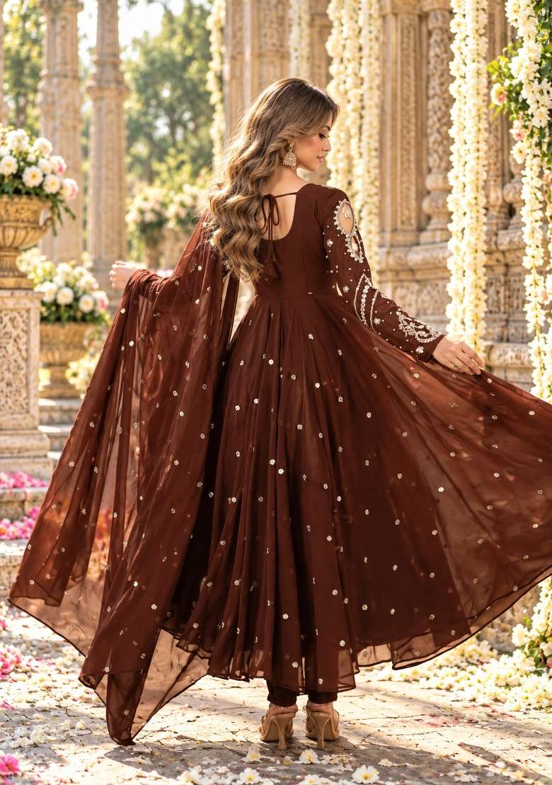 Dark Brown Embroidered Georgette Kurta Set - Indya