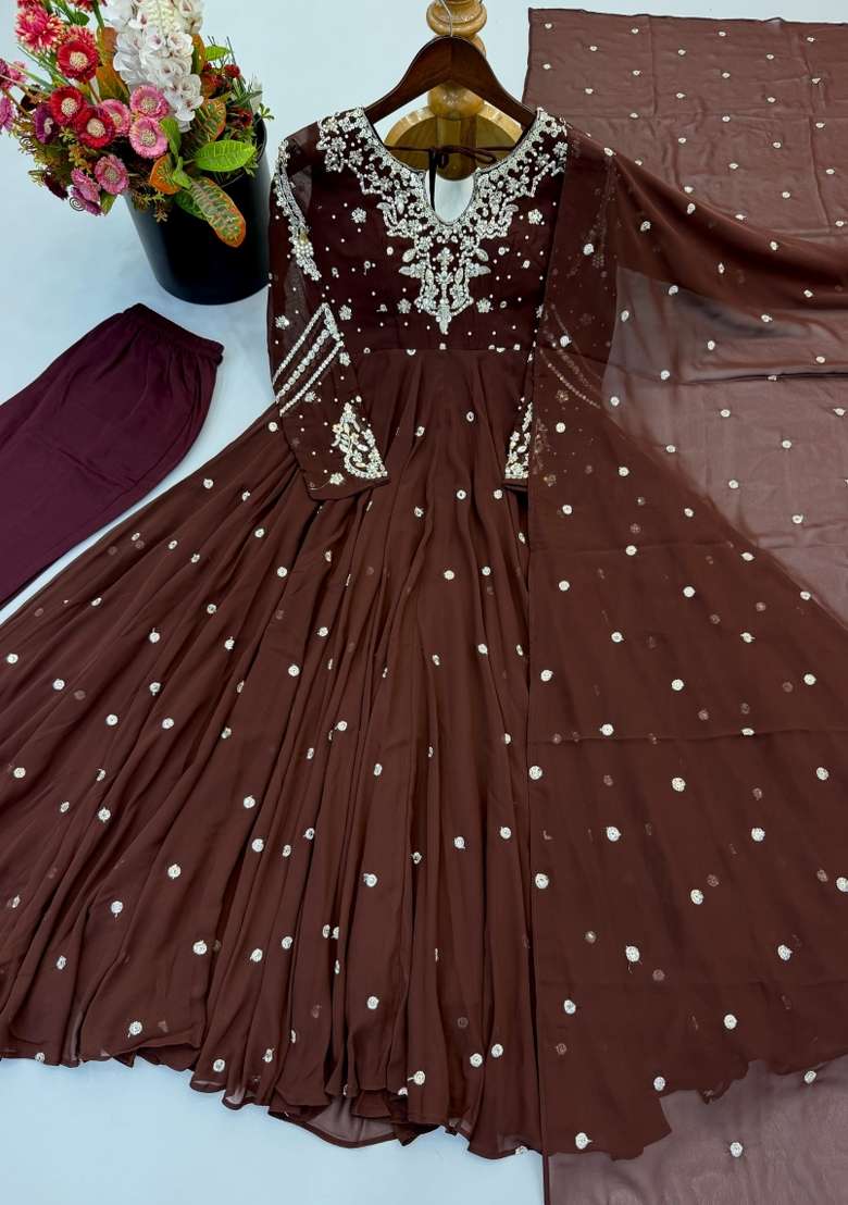 Dark Brown Embroidered Georgette Kurta Set - Indya