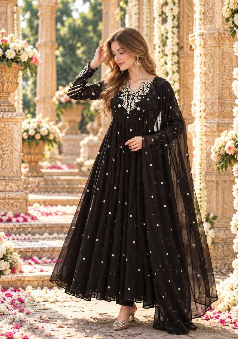 Black Embroidered Georgette Kurta Set - Indya