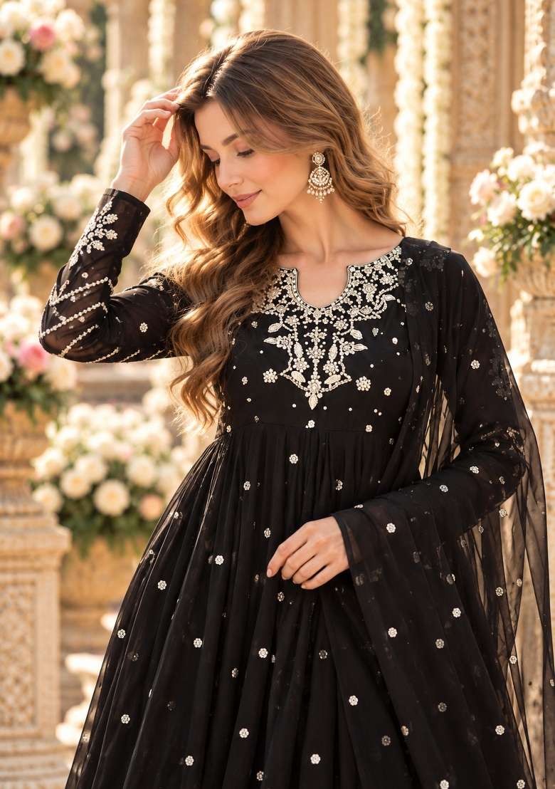 Black Embroidered Georgette Kurta Set - Indya