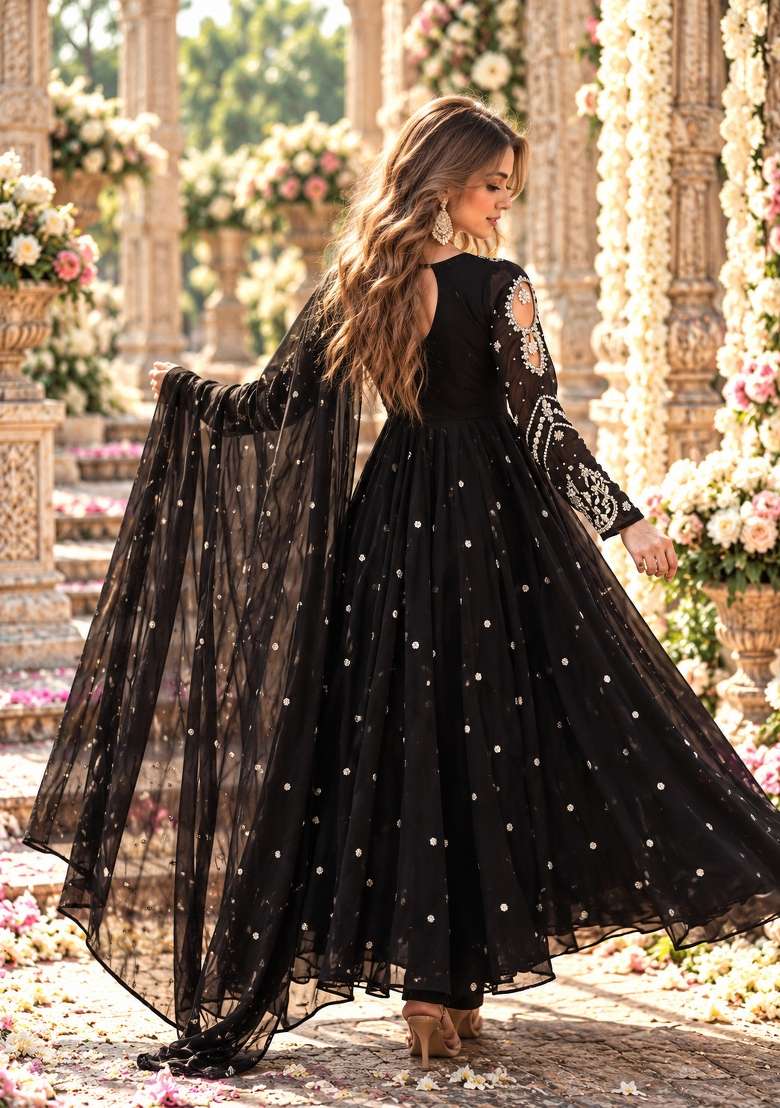 Black Embroidered Georgette Kurta Set - Indya