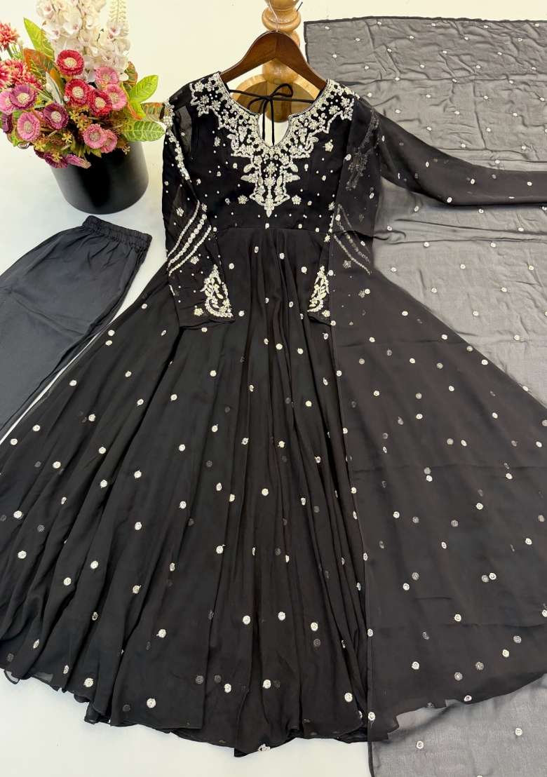 Black Embroidered Georgette Kurta Set - Indya