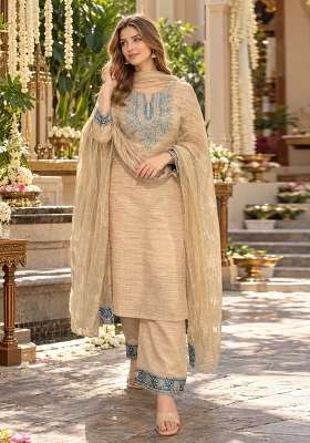 Beige Embroidered Silk Kurta Set