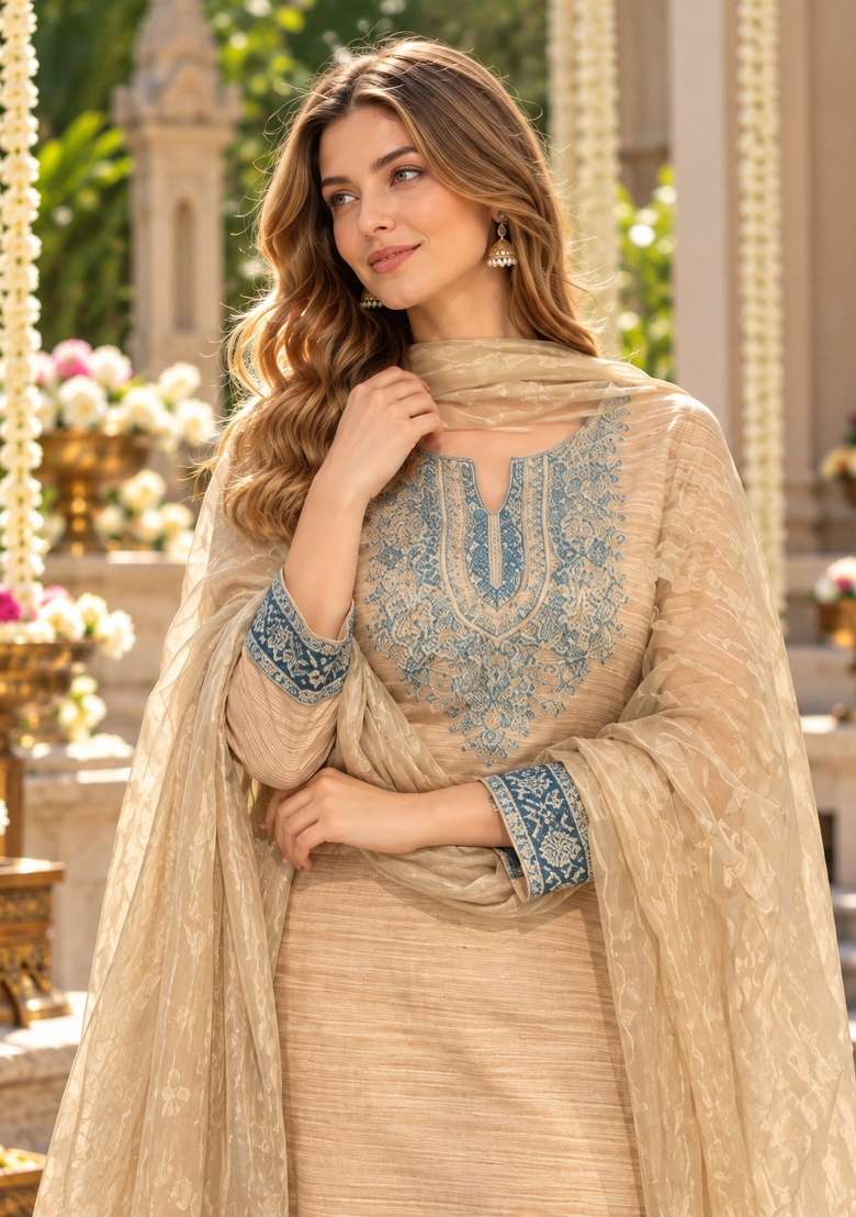 Beige Embroidered Silk Kurta Set - Indya