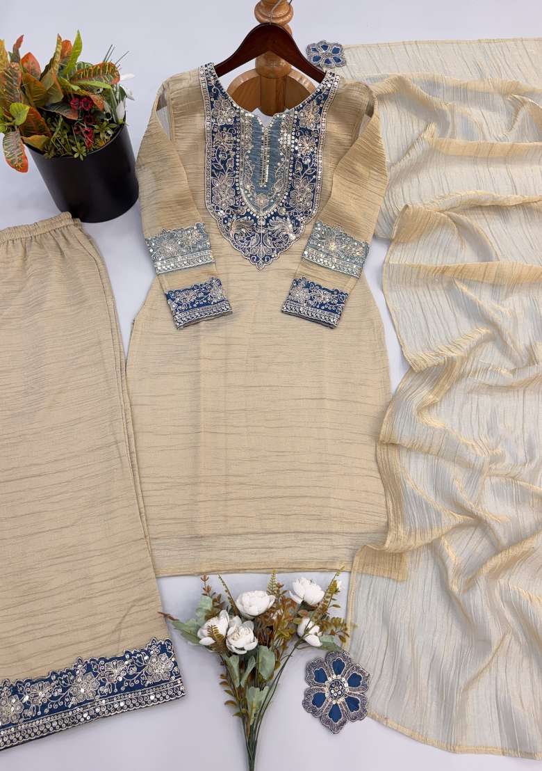 Beige Embroidered Silk Kurta Set - Indya