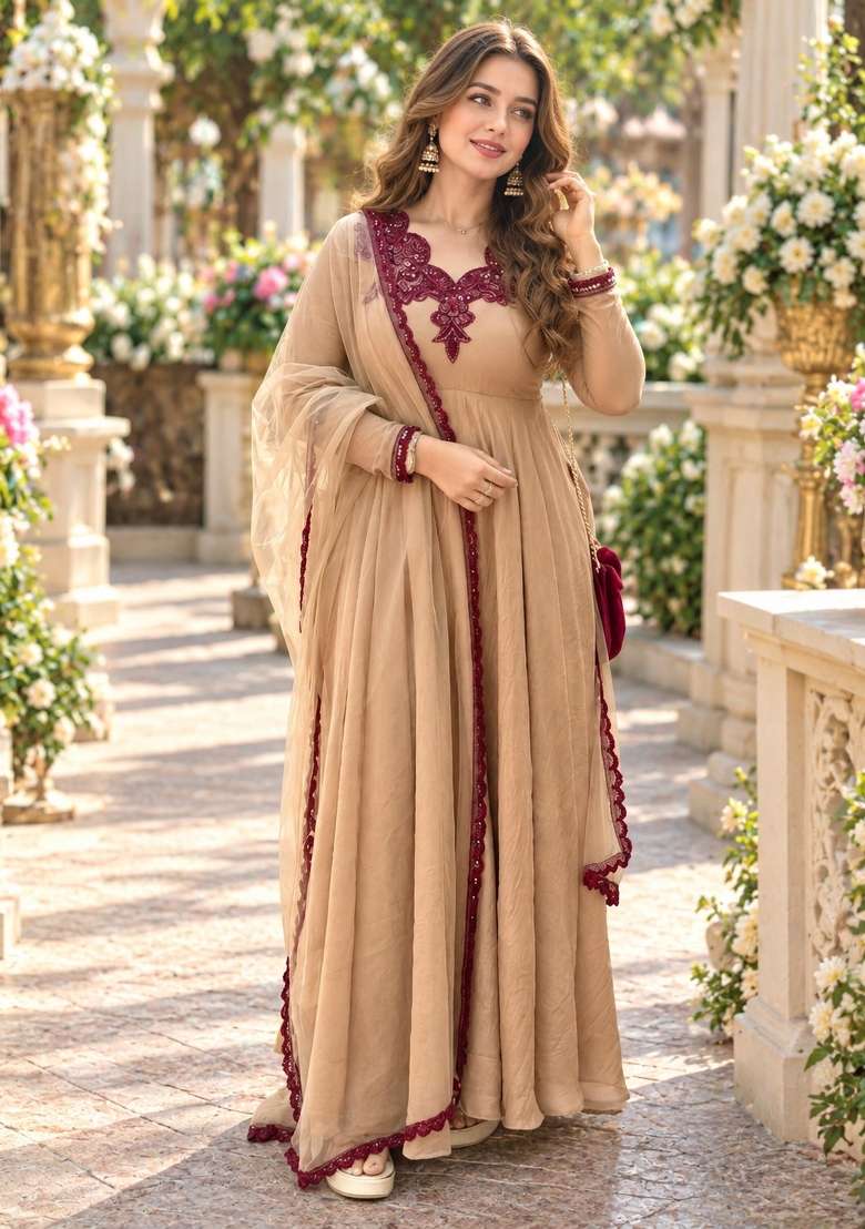 Beige Embroidered Silk Kurta Set - Indya