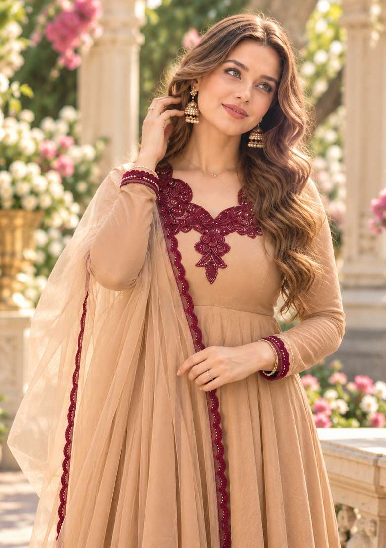 Beige Embroidered Silk Kurta Set - Indya