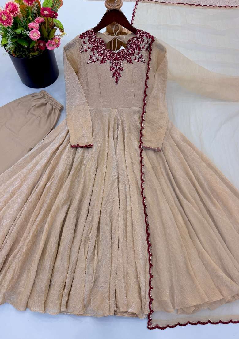 Beige Embroidered Silk Kurta Set - Indya