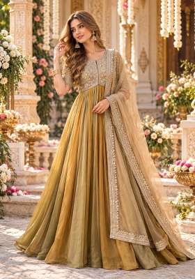 Mustard Embroidered Silk Kurta Set