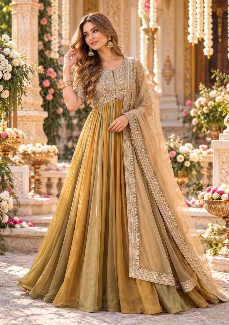 Mustard Embroidered Silk Kurta Set - Indya