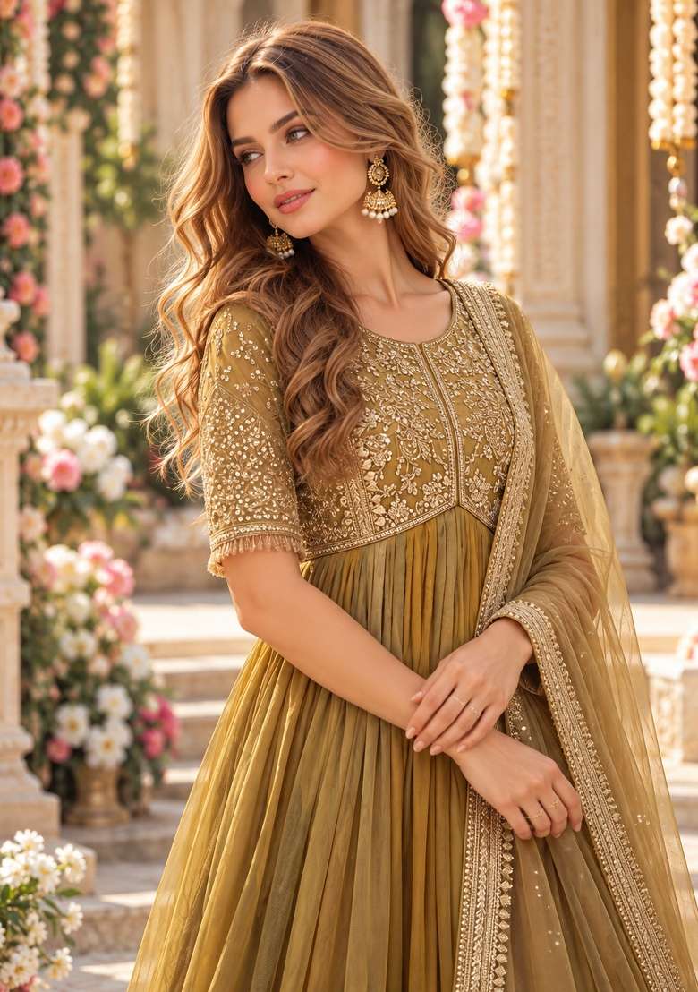 Mustard Embroidered Silk Kurta Set - Indya