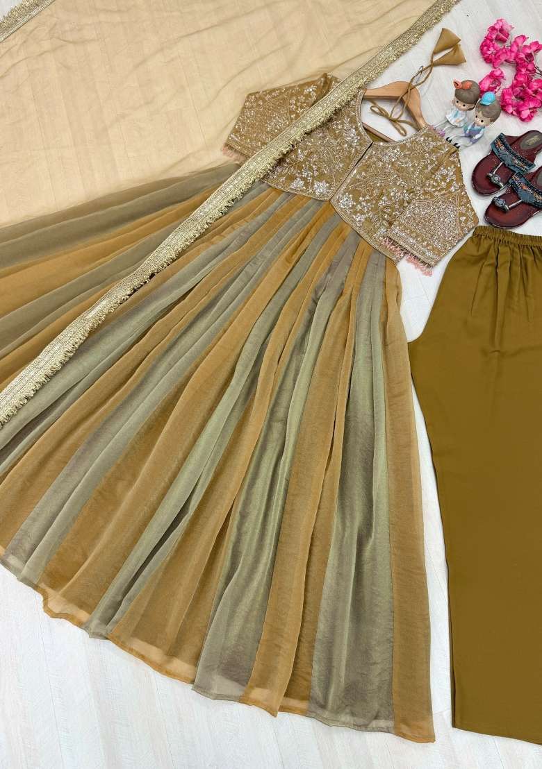 Mustard Embroidered Silk Kurta Set - Indya