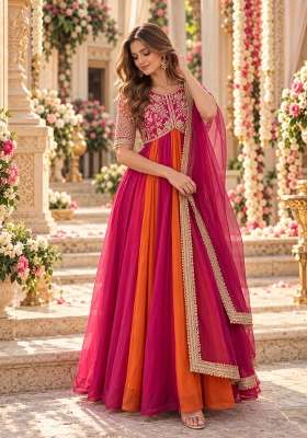 Rani Pink Embroidered Silk Kurta Set