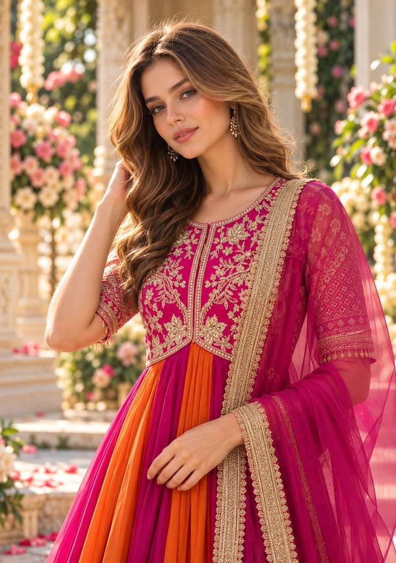 Rani Pink Embroidered Silk Kurta Set - Indya