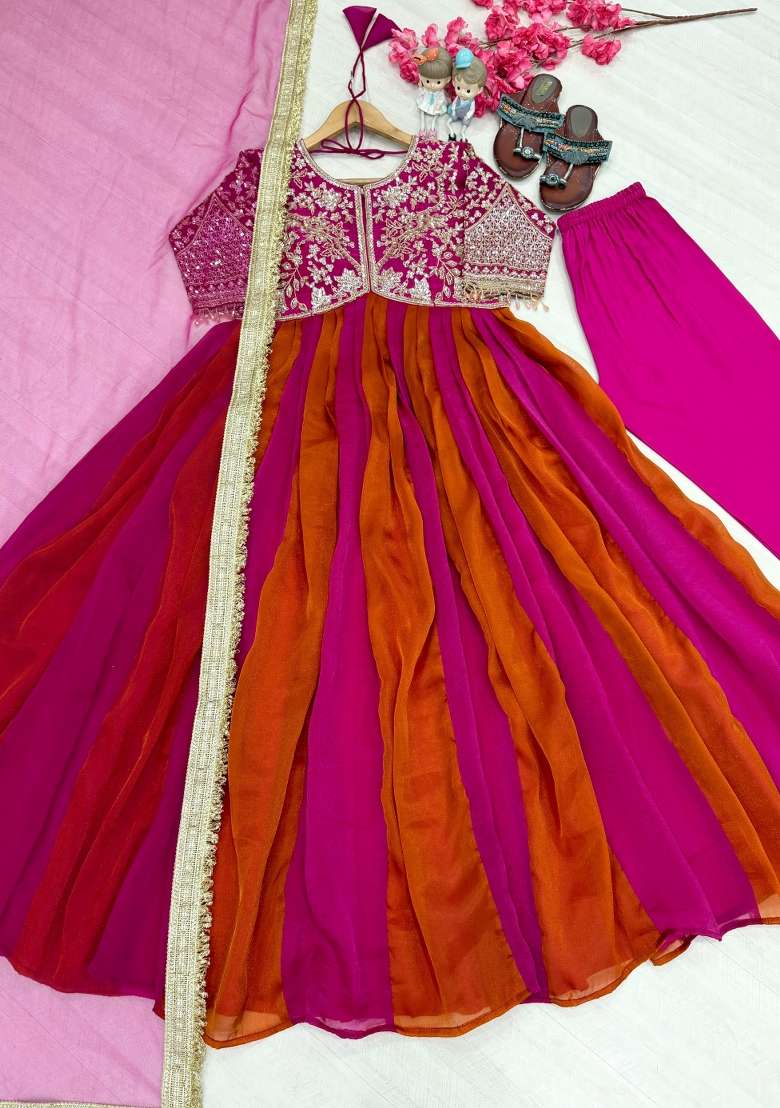 Rani Pink Embroidered Silk Kurta Set - Indya