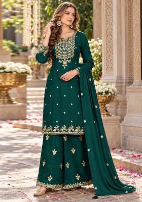 Dark Green Embroidered Silk Kurta Set