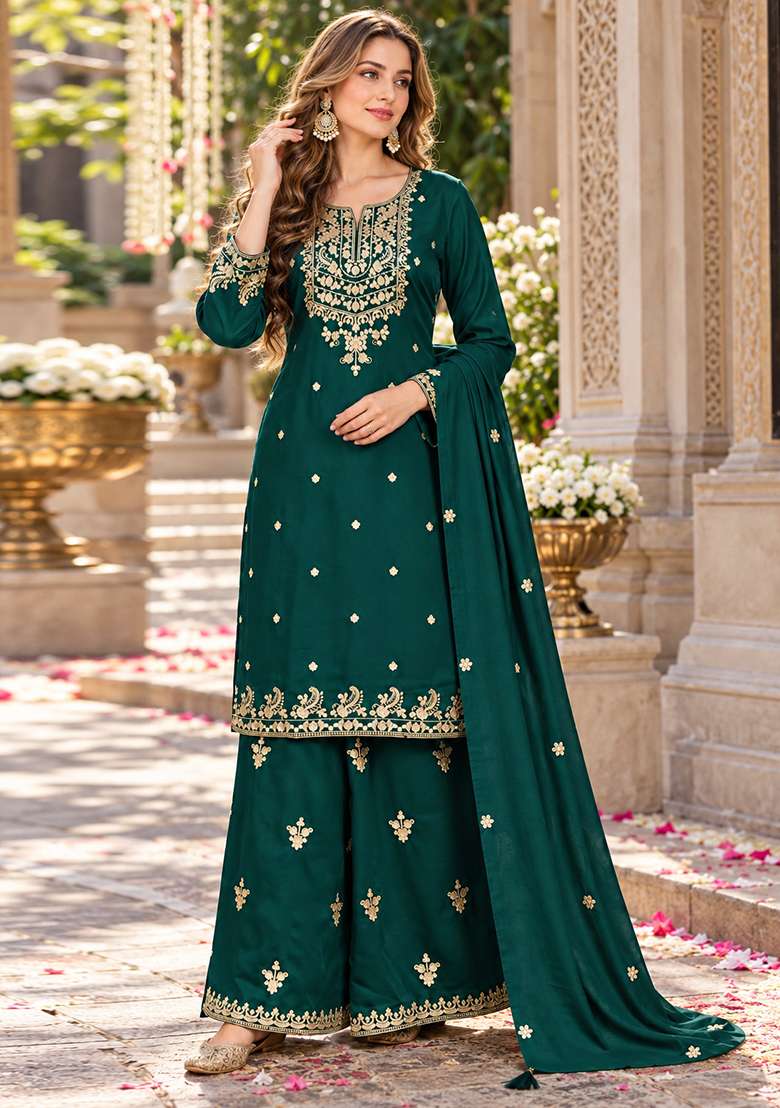 Dark Green Embroidered Silk Kurta Set - Indya