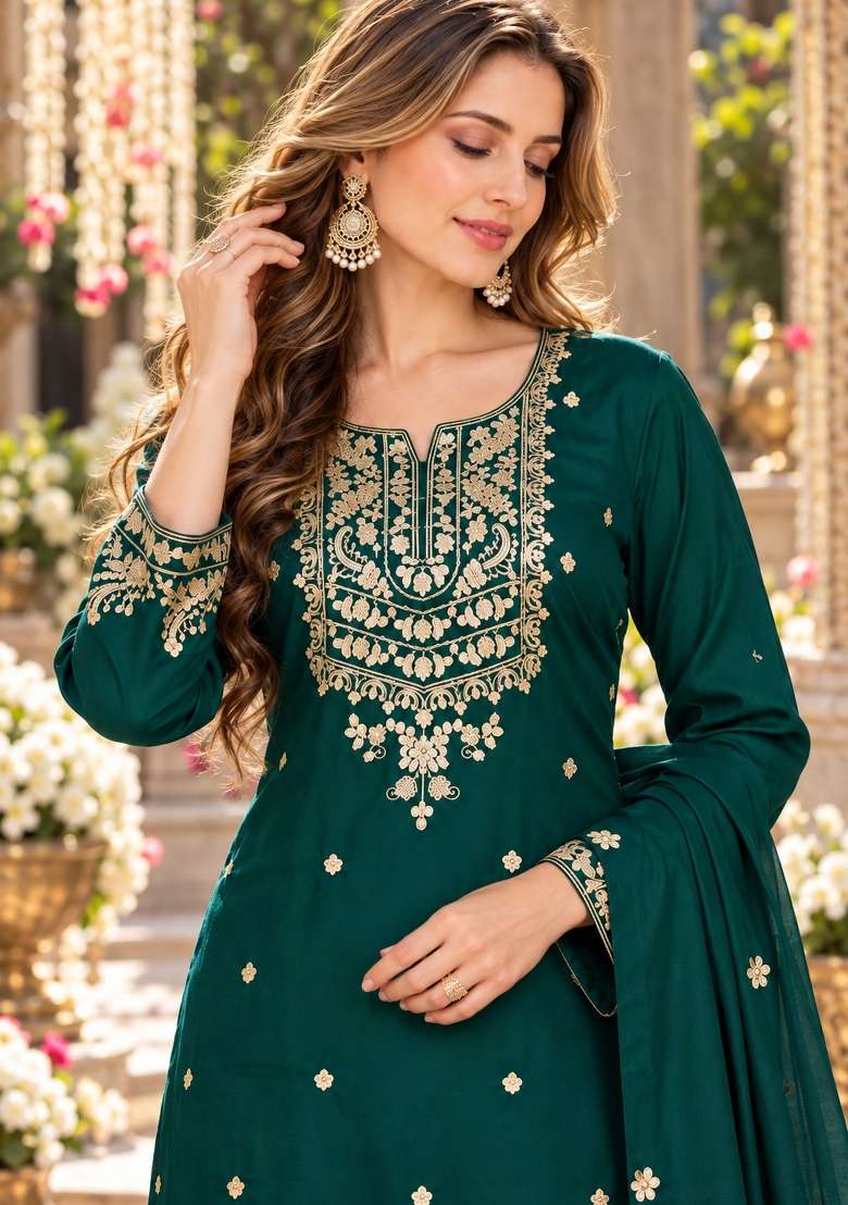 Dark Green Embroidered Silk Kurta Set - Indya