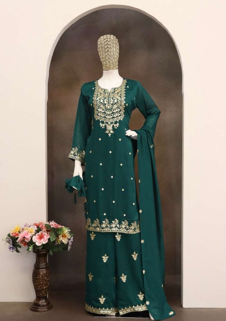 Dark Green Embroidered Silk Kurta Set - Indya