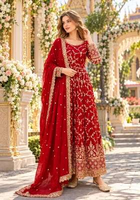 Red Embroidered Silk Kurta Set