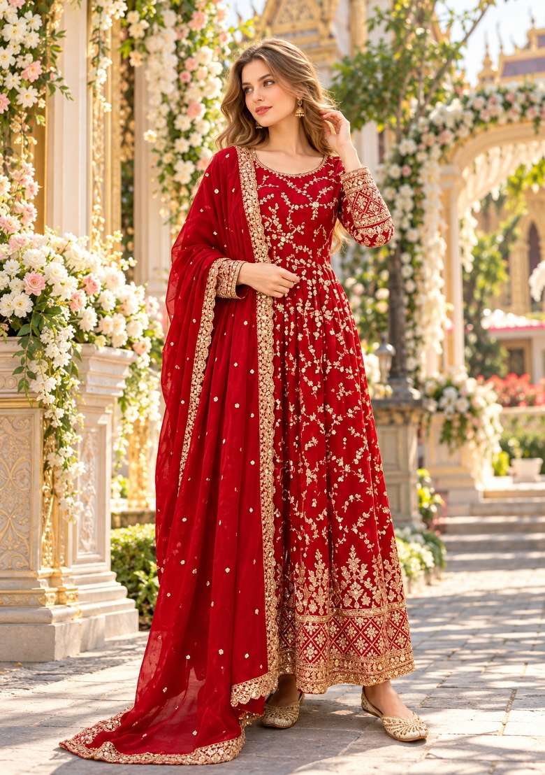 Red Embroidered Silk Kurta Set - Indya