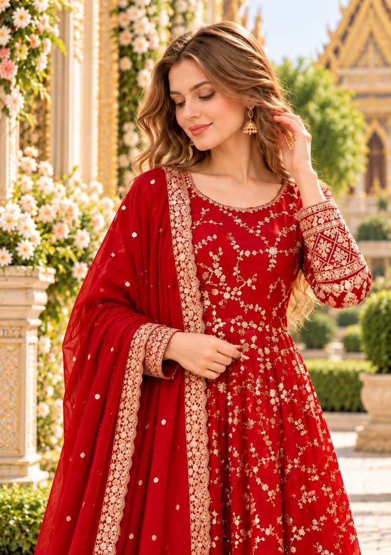 Red Embroidered Silk Kurta Set - Indya