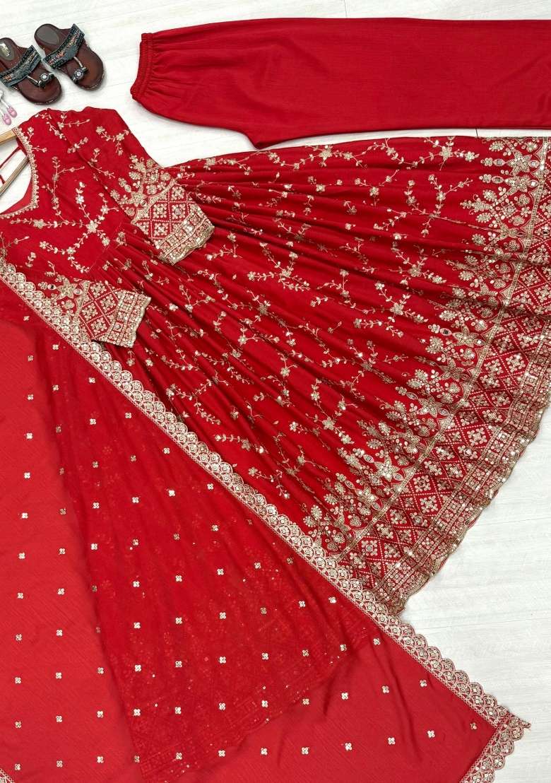 Red Embroidered Silk Kurta Set - Indya