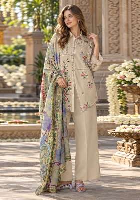 Dark Cream Embroidered Cotton Kurta Set