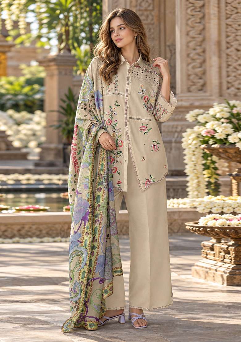 Dark Cream Embroidered Cotton Kurta Set - Indya