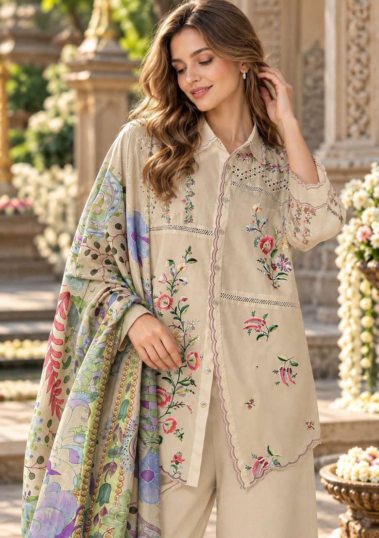 Dark Cream Embroidered Cotton Kurta Set - Indya