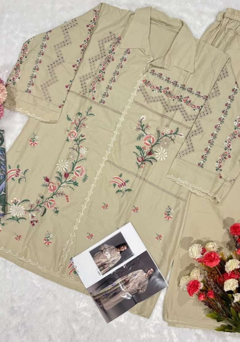 Dark Cream Embroidered Cotton Kurta Set - Indya