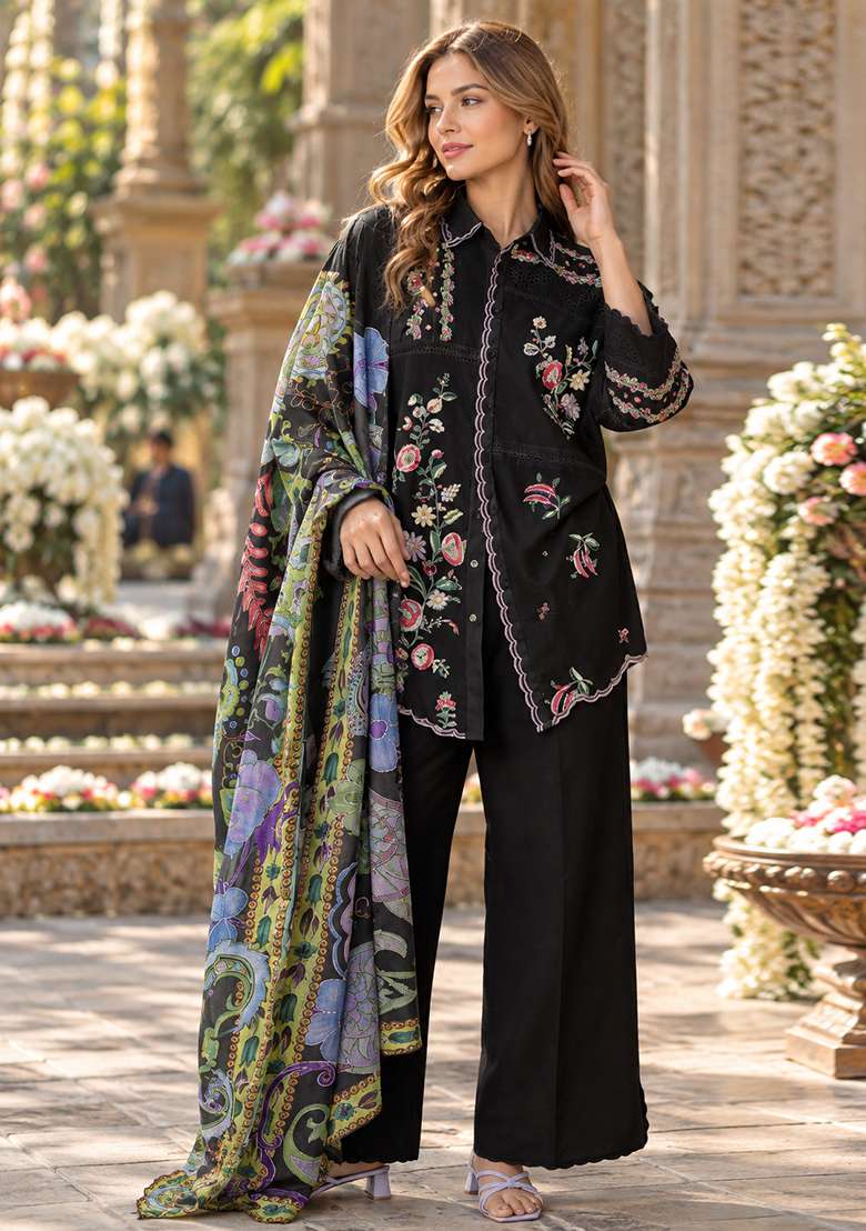 Black Embroidered Cotton Kurta Set - Indya