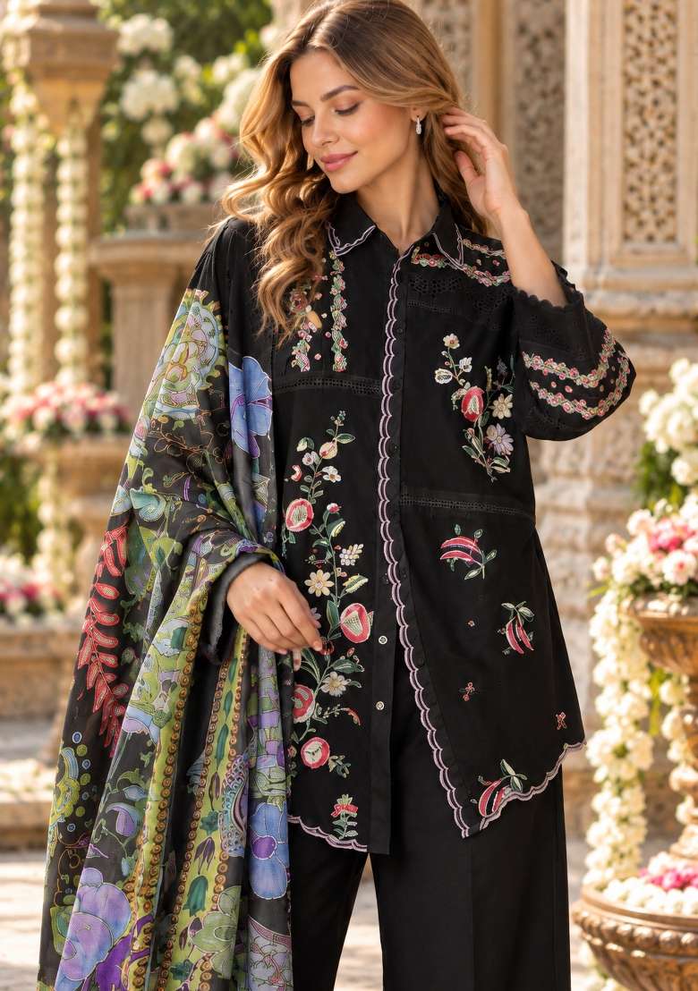 Black Embroidered Cotton Kurta Set - Indya