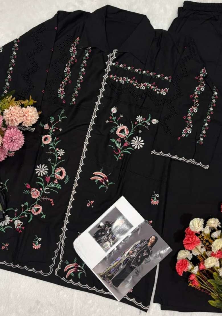 Black Embroidered Cotton Kurta Set - Indya