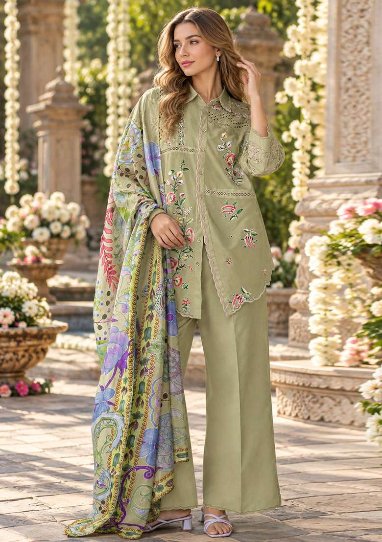 Mustard Embroidered Cotton Kurta Set - Indya