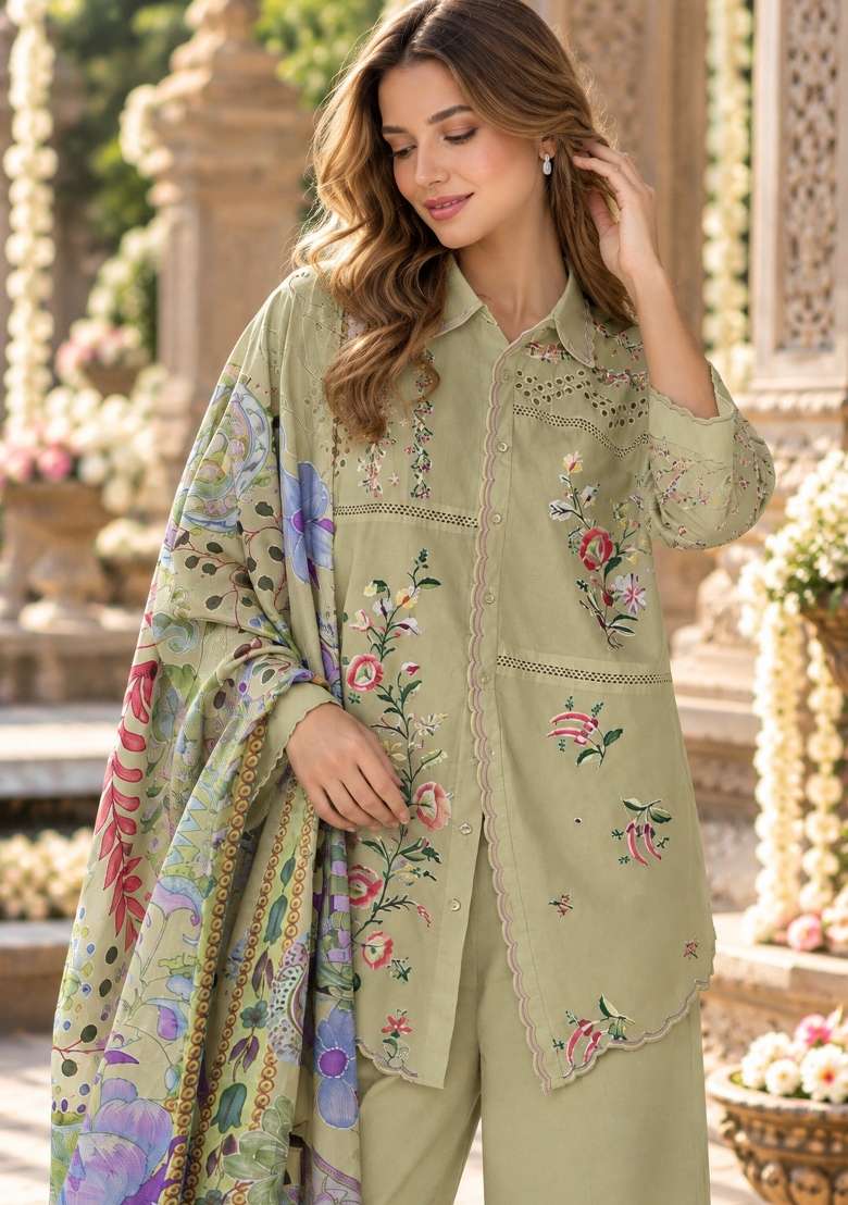 Mustard Embroidered Cotton Kurta Set - Indya