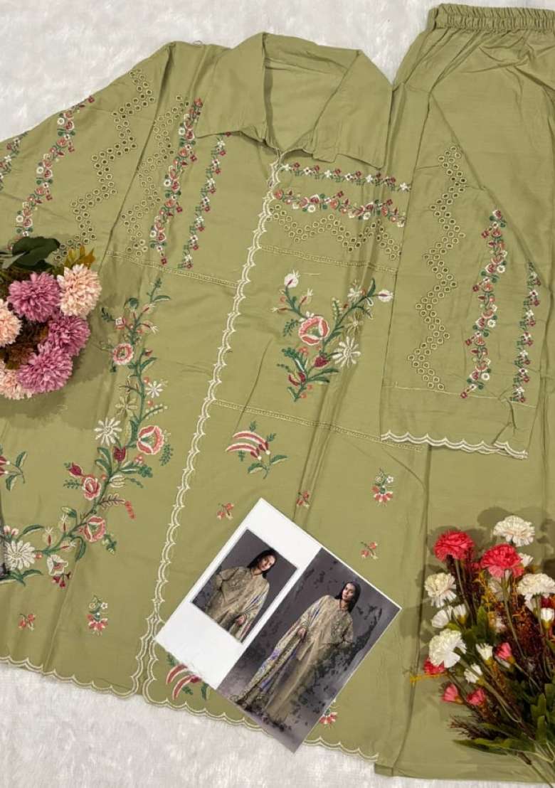 Mustard Embroidered Cotton Kurta Set - Indya