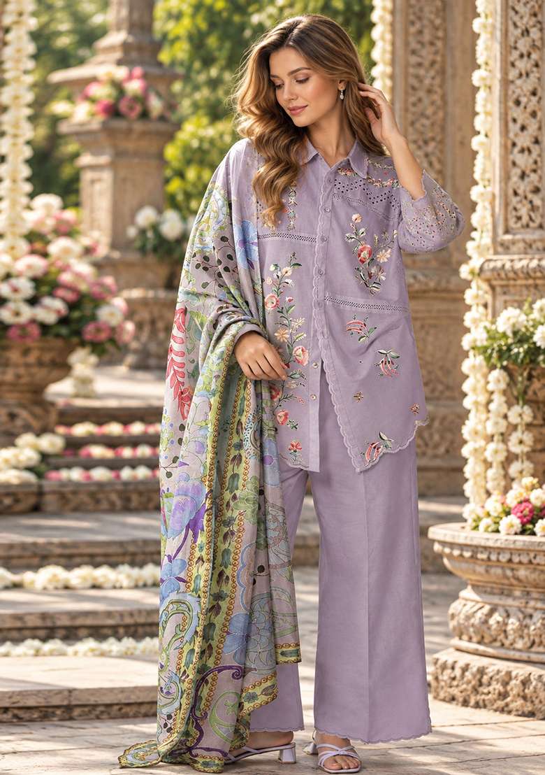 Lavender Embroidered Cotton Kurta Set - Indya