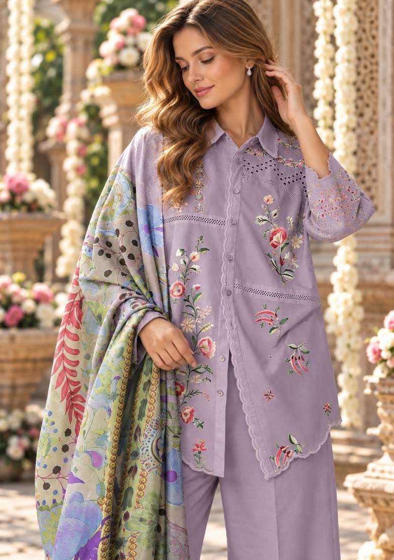 Lavender Embroidered Cotton Kurta Set - Indya