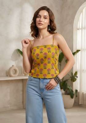 Yellow Printed Cotton Short Kurta
