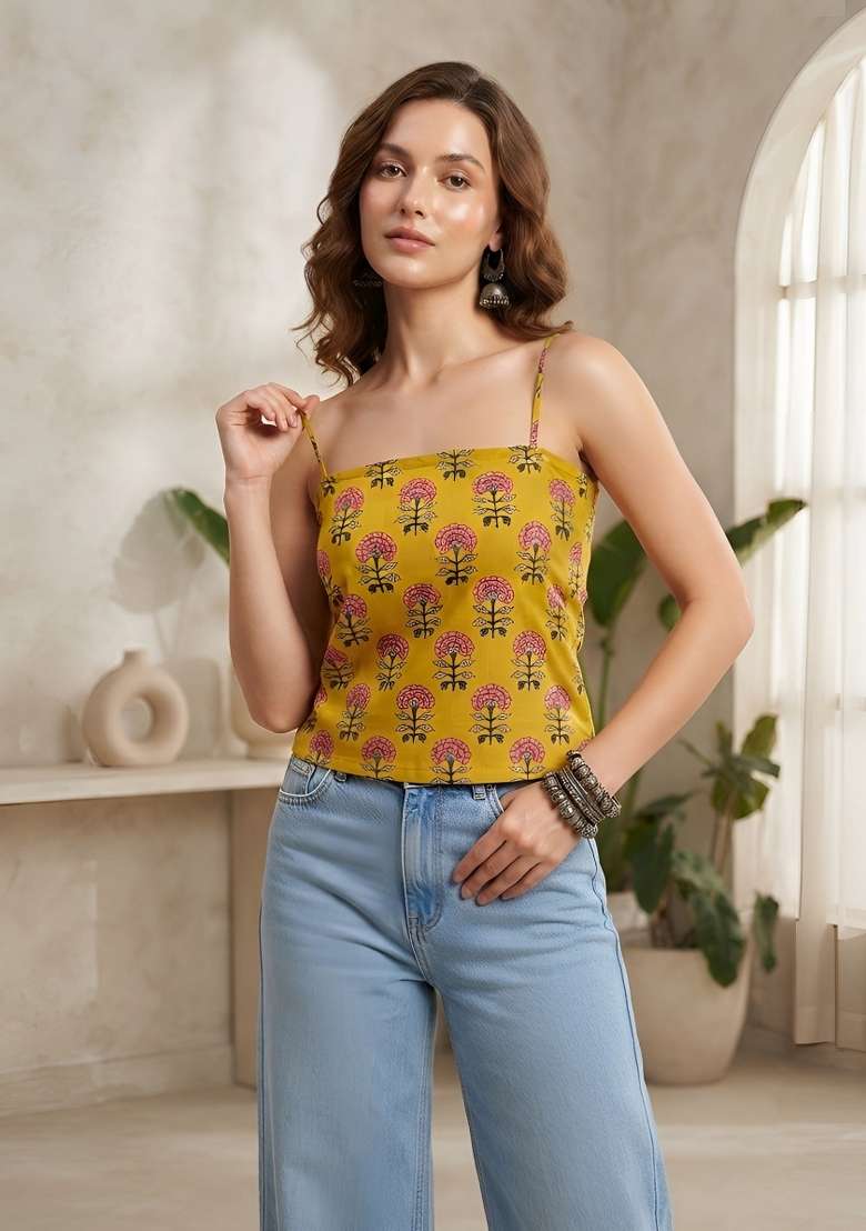 Yellow Printed Cotton Short Kurta - Indya