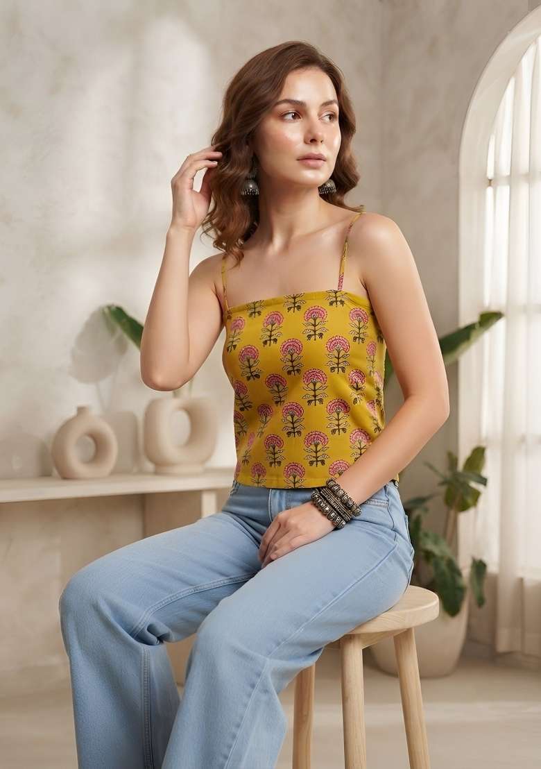 Yellow Printed Cotton Short Kurta - Indya