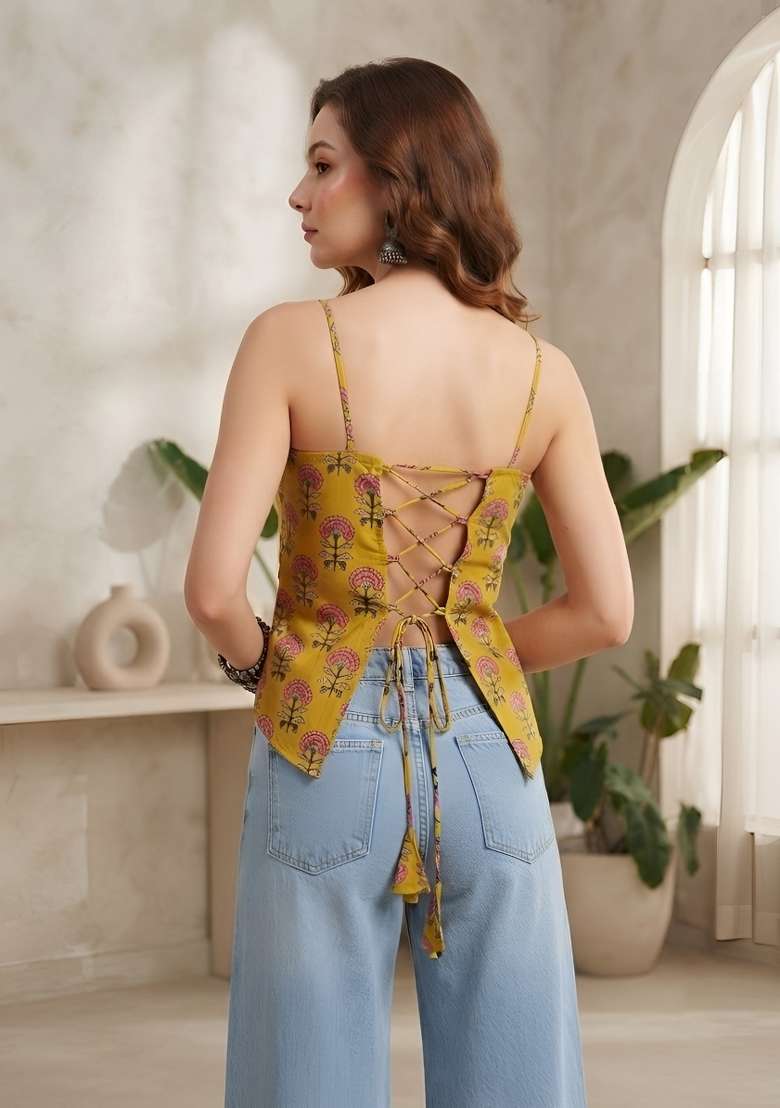 Yellow Printed Cotton Short Kurta - Indya