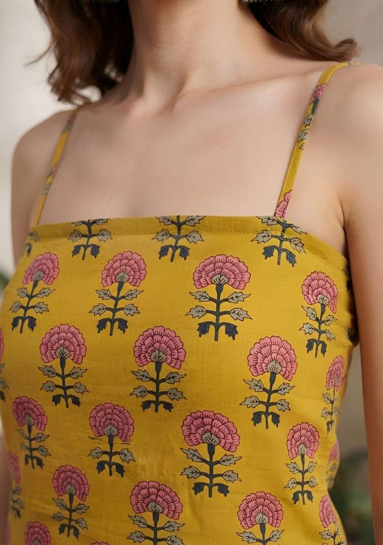 Yellow Printed Cotton Short Kurta - Indya