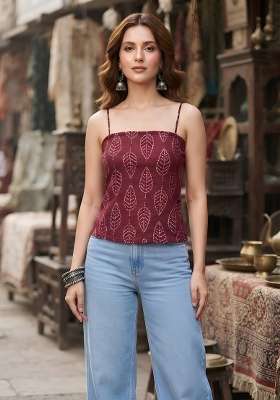 Burgundy Printed Cotton Short Kurta