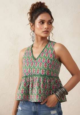 Green Printed Cotton Short Kurta