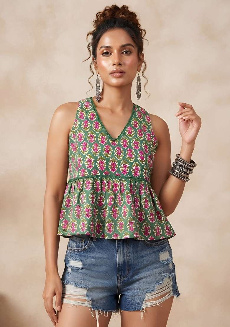 Green Printed Cotton Short Kurta - Indya