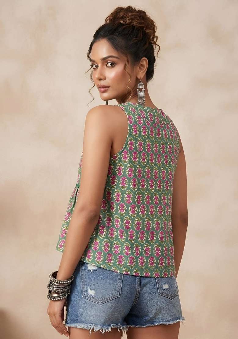 Green Printed Cotton Short Kurta - Indya