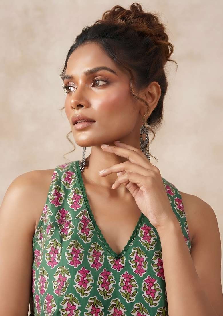 Green Printed Cotton Short Kurta - Indya