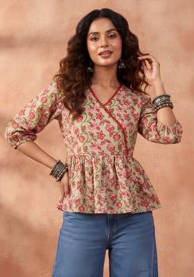 Green Printed Cotton Short Kurta